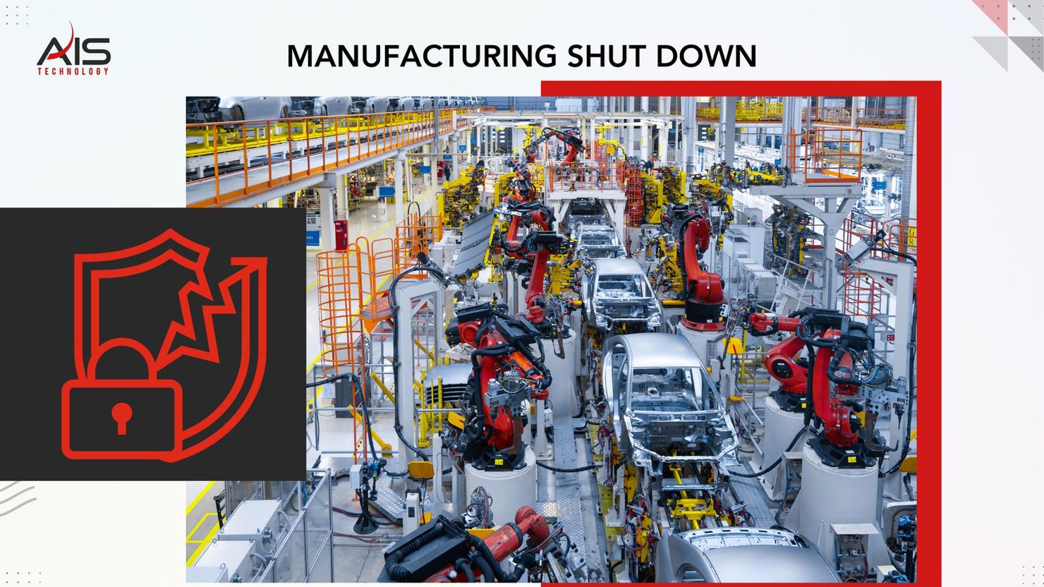 Robotic arms in a bright factory assembling cars. Overlay of lock and shield icon. Text: "MANUFACTURING SHUT DOWN." Mood: halted.