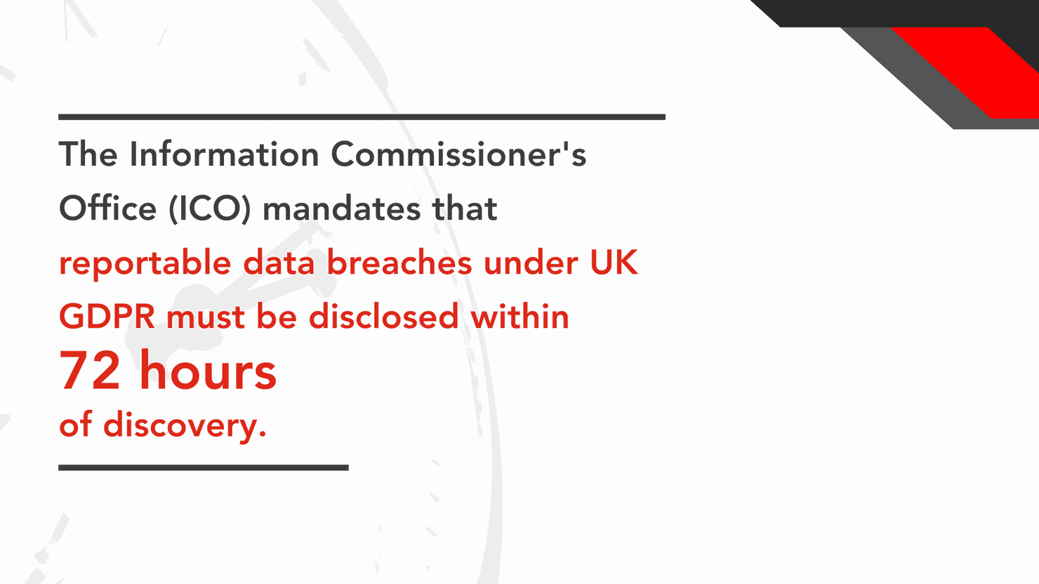 Text about ICO mandates data breach disclosure in 72 hours. Background shows a faint clock. Black and red text.