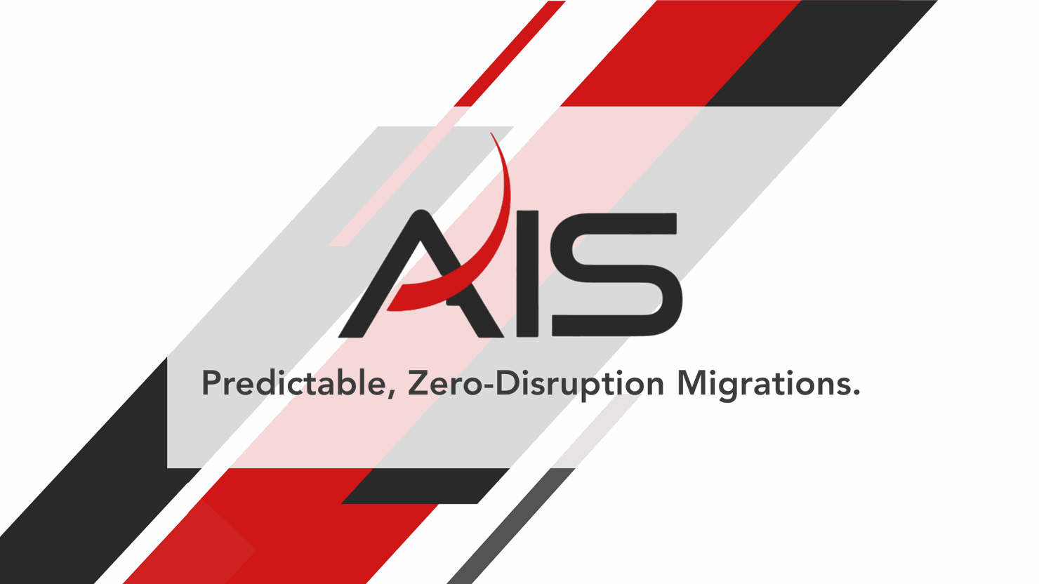 AIS logo with red, black, and gray geometric designs on white. Text: "Predictable, Zero-Disruption Migrations." Modern and professional.