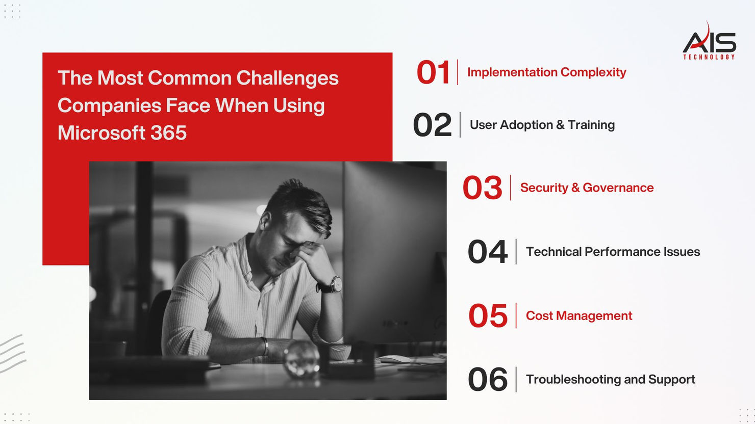 Man at desk looking stressed. Text lists challenges when using Microsoft 365: Implementation, Training, Security, Performance, Cost, Support.
