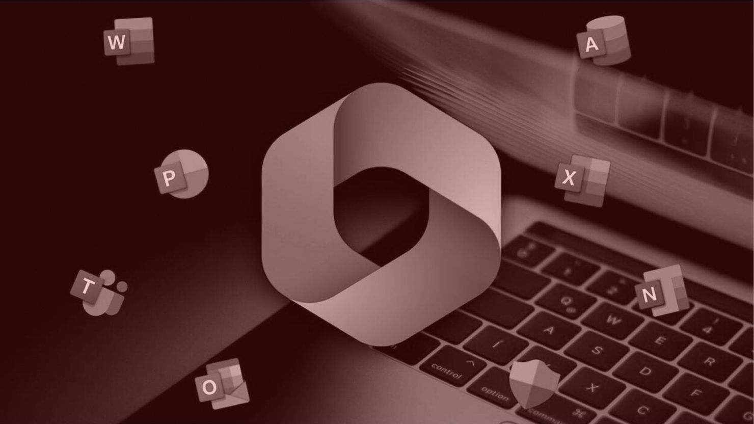 Microsoft 365 logo at center over a laptop keyboard, surrounded by Microsoft 365 icons
