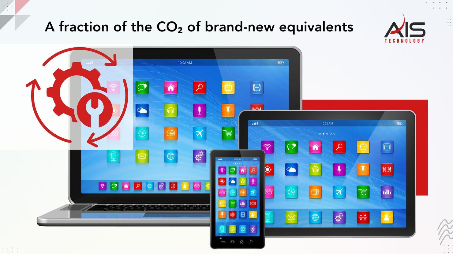 Laptops and tablets with colorful apps on screens, overlaid by red gear and wrench icon. Text: "A fraction of the CO₂ of brand-new equivalents."