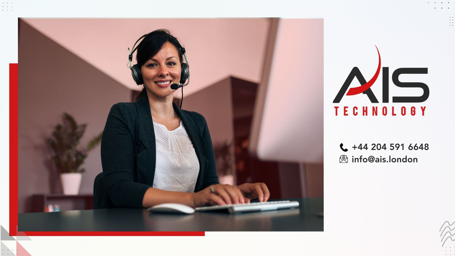 Smiling woman in headset works on a computer. Modern office setting. AIS Technology logo and contact info on the right. Professional mood.
