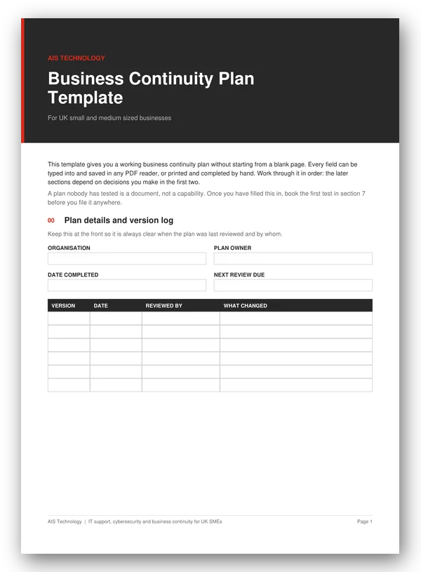 AIS Technology Business Continuity Plan Template
